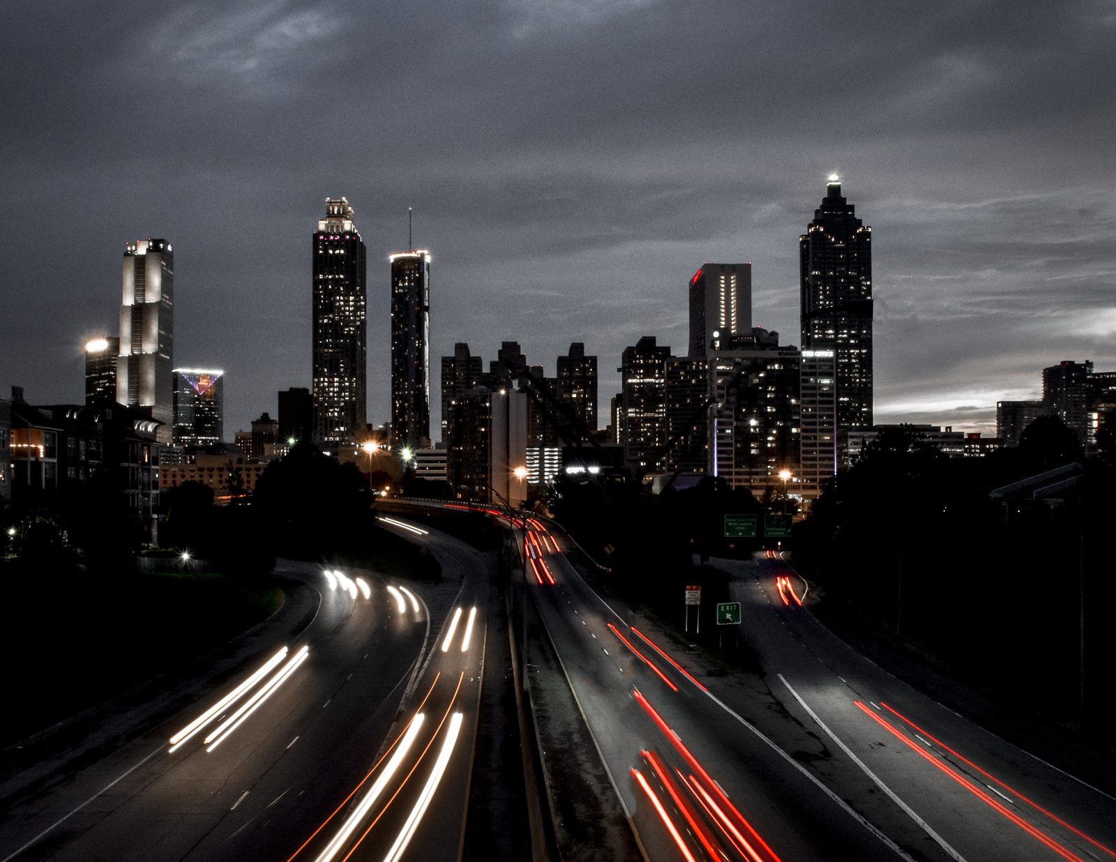 Atlanta skyline at dusk with light trails on the connector
